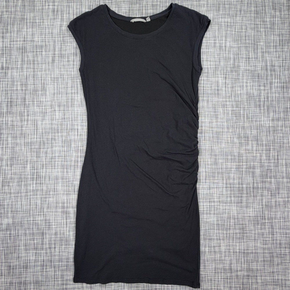 Athleta Womens Large Carefree Tee Dress Black Ruched Pima Cotton Cap Sleeve